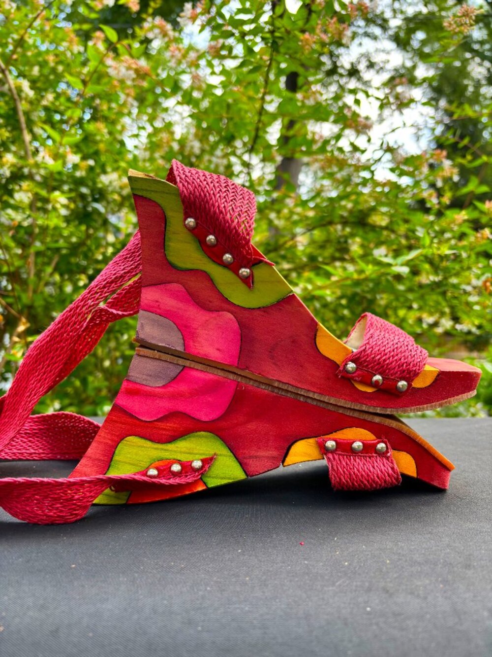 Paloma Barcelo Colorful Wood Wedge Sandals with Ballet Strap Ties Size 7 - Picture 5 of 10